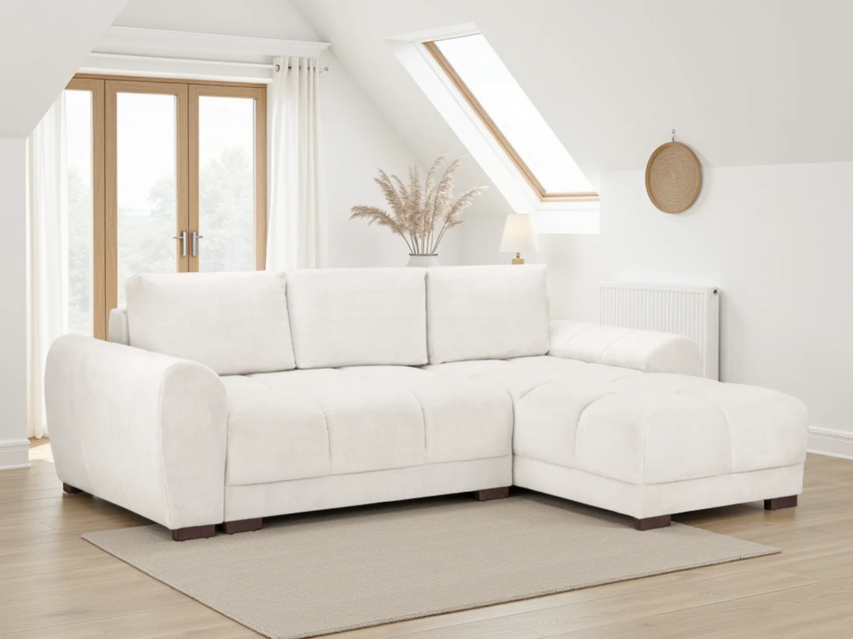 Azzuro Corner Sofa Bed With Storage – Universal Chaise – Plush Velvet – Cream
