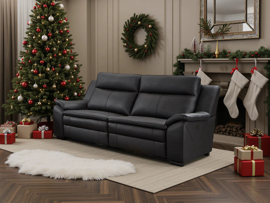 Boston Genuine Leather Electric Recliner 3 Seater Leather - Black