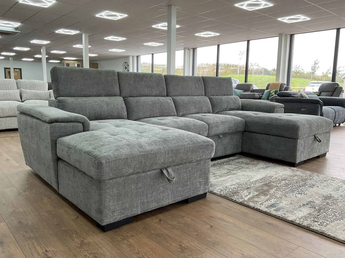 Alaya Large U Shape Pullout Sofabed With Storage - Grey | Adjustable Headrests
